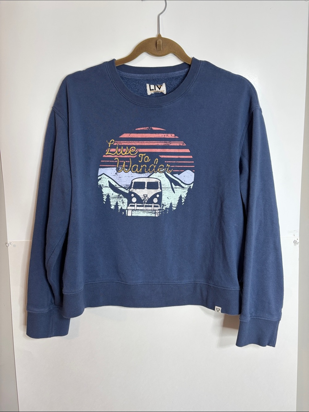 Liv Live To Wander Blue Graphic Sweatshirt Cropped Size Large